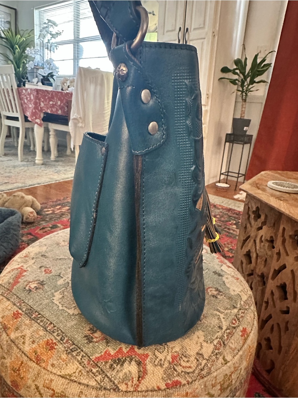 Patricia Nash ‘ Octavia’ Blue Tooled Leather Tassel Hobo Bag. NWOTs - Picture 6 of 14